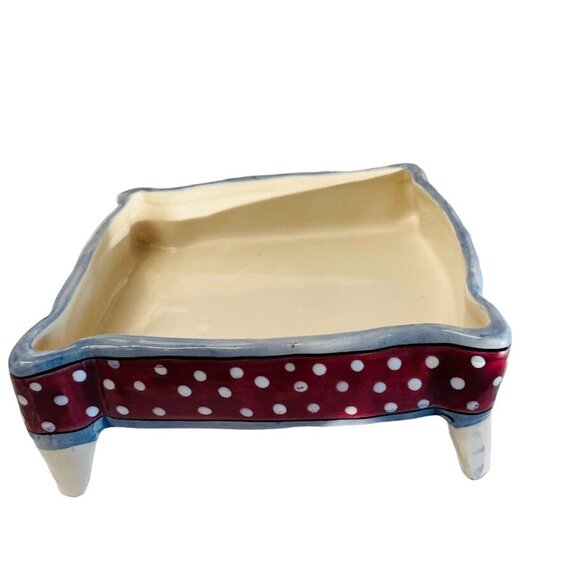 Porcelain Footed Rectangular Candy What Not Dish Red Polka Dots 5 1/2" x 3" - Picture 5 of 6